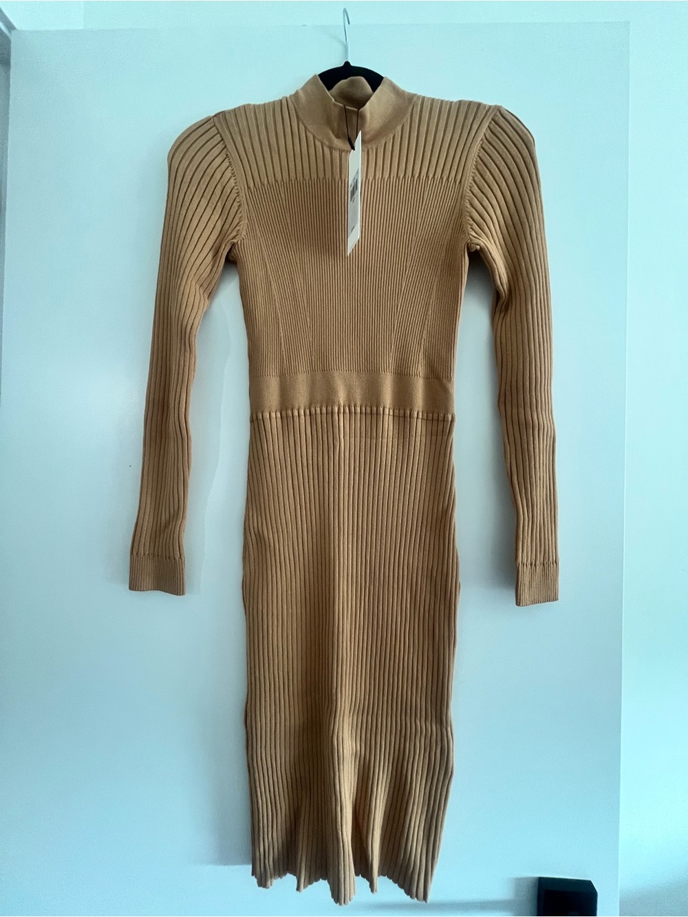 Calvin Klein Camel Ribbed Long Sleeve Midi Dress